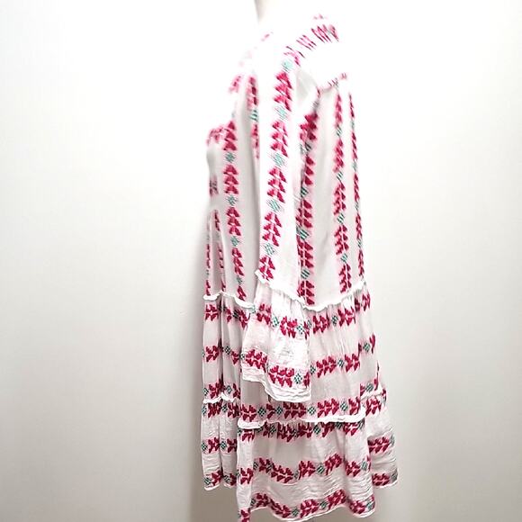 Elan Bohemian White with Embroidered Pink Design V-Neck Bell Sleeve Dress Sz M - Picture 5 of 7